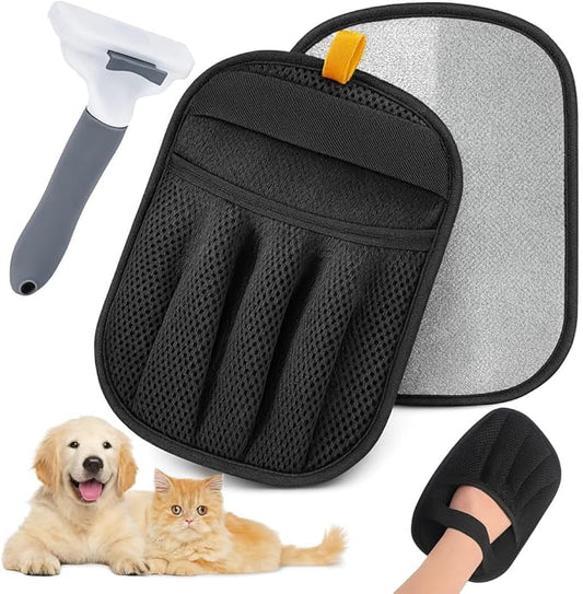 LuxUltra 2 Pcs Electrostatic Pet Hair Removal Gloves for Furniture, Couch, Carpet & Clothes | Reusable & Washable Fur Remover Mitt Set | Includes Bonus Cat & Dog Grooming Brush