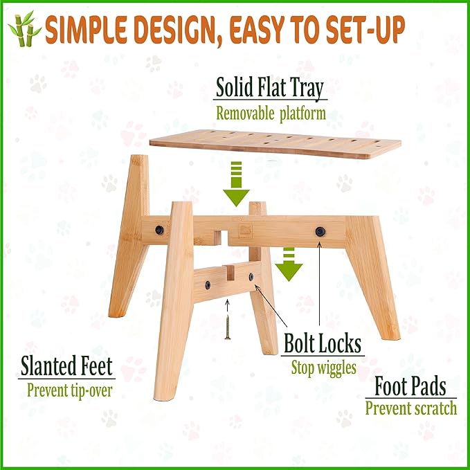 Dog Water Bowl Dispenser Stand - Use to Raise Dog Water and Food Dispensers - Adaptable Size, Fits Various Sizes and Feeder Shapes , Slanted Feet, Resist Tip-over - Bamboo