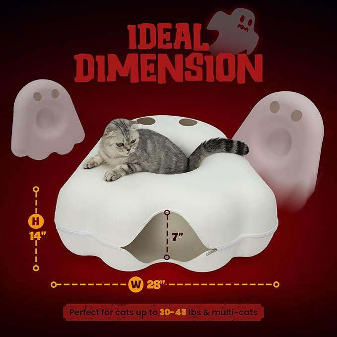 Cattasaurus Gothic Halloween Peeka-Boo Cat Cave, Extra Spacious for Multiple & Large Cats 15+ lbs, Scratch Detachable Cat Beds for Indoor Cats, Washable Tunnel Bed (White Ghost, Jumbo)