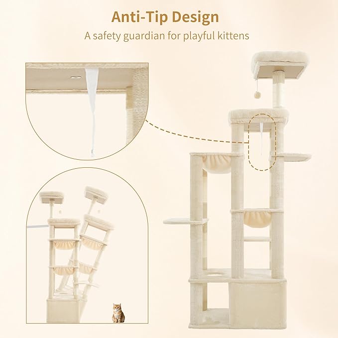 Heybly Cat Tree, 71-Inch Tall Cat Tower for Large Maine Coon Cats with Extra-Large Baseboard, Cat Condo Furniture with Multi-Level Platforms, 2 Hammocks and 12 Scratching Posts, Beige HCT037M