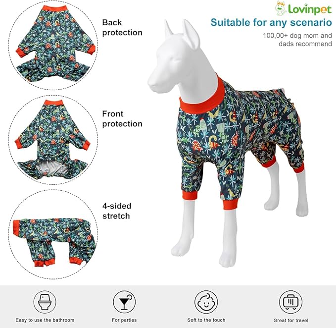 LovinPet Large Dog Winter Clothing, Lightweight Stretchy Fabric, Dark Green Dinosaur Print, Sun Protection, Pet Anxiety Relief Shirt, Easy Wearing Dog Onesie, Dog Costume for Parties,Large