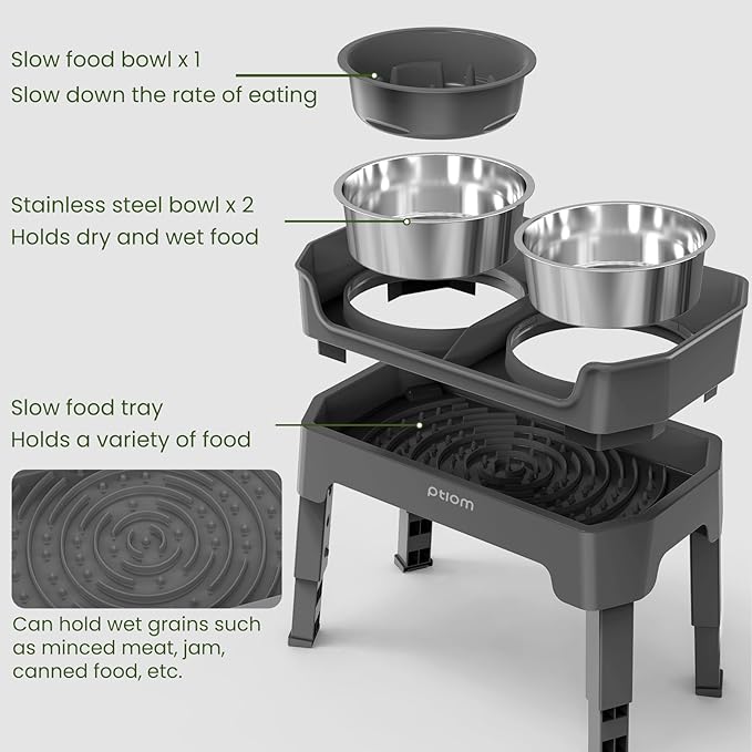 KPWACD 4-in-1 Elevated Slow Feeder Dog Bowls, 4 Height Adjustable Mess Proof Raised Dog Bowl Stand with Licking Plate, 2 Stainless Steel Doggy Food Bowl & Slow Feeder for Large Medium Small Pets