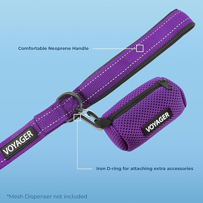 Voyager Reflective Dog Leash Collar Set with Neoprene Handle Supports Small, Medium, and Large Breed Puppies, Cute and Heavy Duty for Walking, Running, and Training - Purple, L