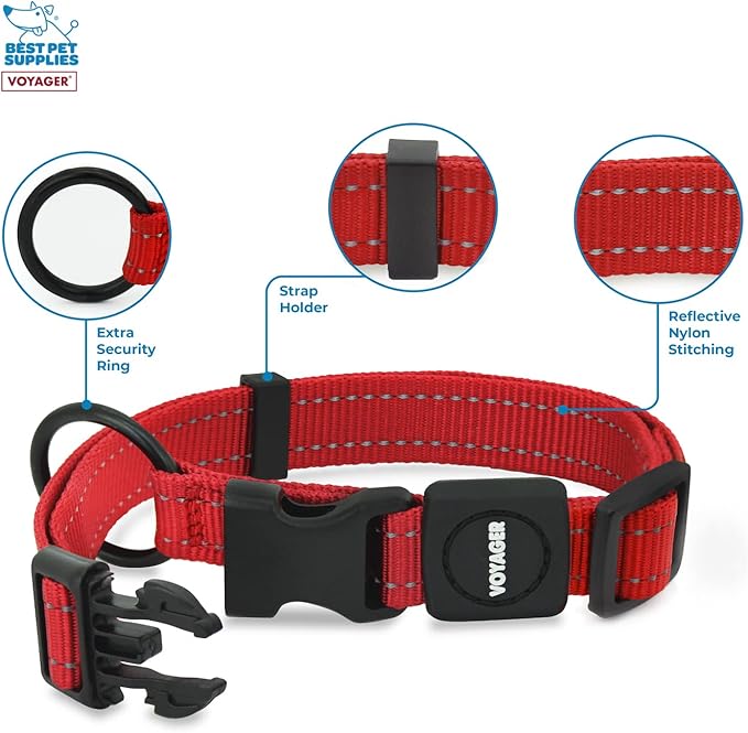 Best Pet Supplies Reflective Dog Collar with Adjustable Length, Heavy-Duty Buckle, and Strong Leash D-Ring, Training, Walking, Jogging Accessory for Small, Medium, and Large Breeds - Red, S