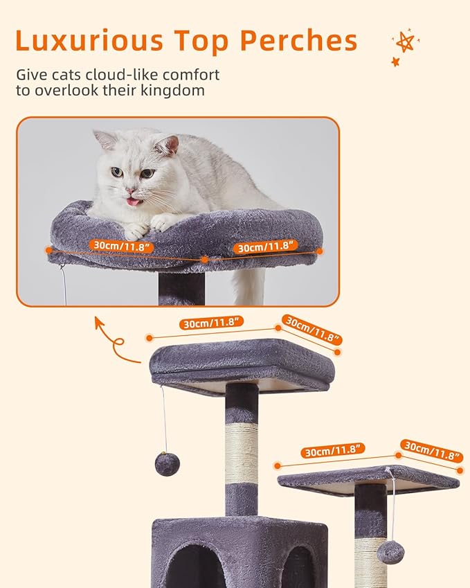 Taoqimiao Cat Tree, 61-Inch Cat Tower for Indoor Cats, Plush Multi-Level Cat Condo with 5 Scratching Posts, 2 Perches, 2 Caves, Hammock, 2 Pompoms, Smoky Gray MS013SG