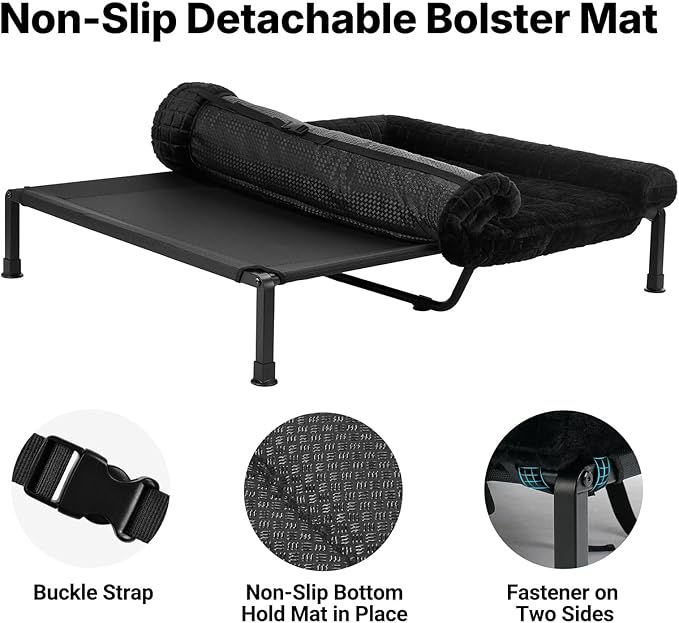 Veehoo Cooling Elevated Dog Bed with Fluffy Plush Cushion, Washable Raised Dog Beds with Removable Bolster, Breathable Mesh, No-Slip Feet, Heavy Duty Pet Cot for Large Dogs, 53 x 37 inches, Black