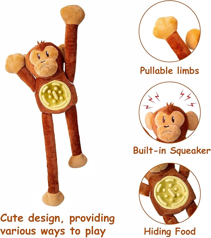 Hollypet Squeaky Plush Stuffed Dog Puzzle Toy with Slow Feeder Bowl, Interactive Chew Toy for Small and Medium Dogs, Tug of War Dog Toys, Monkey