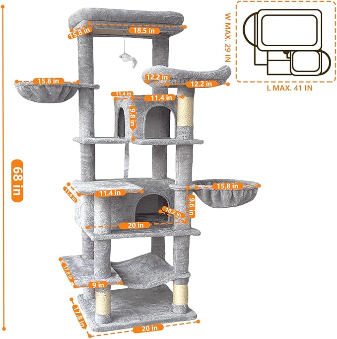 68 Inches Multi-Level Large and Tall Cat Tree Tower for Indoor Cats/Removable Pad/Cat Condo/Sisal Scratching Posts/Hammock/Cat Activity Center/Wide Base