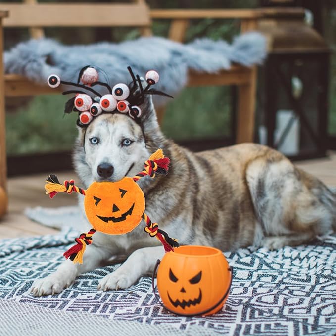 PUPTECK Halloween Dog Squeaky Chew Toys - 3 PCS Funny Pumpkin Plush Stuffed Toys for Puppy Pet Tugging Playing
