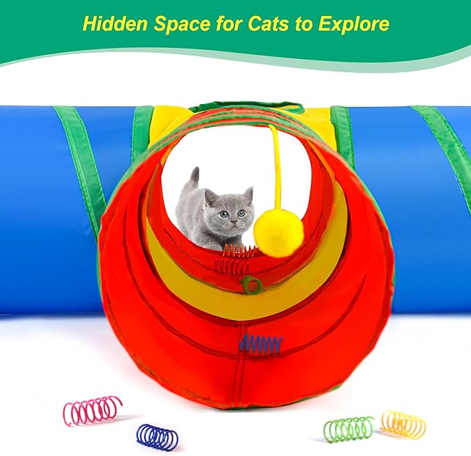 Cat Tunnel 4 Way Collapsible, Cat Toys Interactive Tunnels for Indoor Cats, 12 PCS Cats Springs Toy Kitty Kitten Toys Pack, Rabbit Tunnel Tube with Peephole, Large Rainbow Tunnels