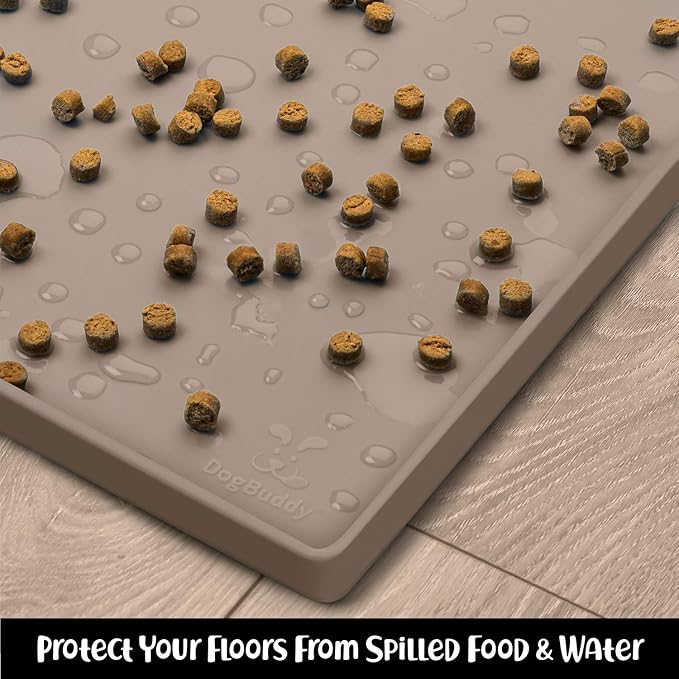 DogBuddy Dog Food Mat – Waterproof Dog Bowl Mat for Food and Water, Silicone Pet Feeding Mats for Floors, Non-Slip Placemat with High Edges for Dogs Bowls, Puppy Essentials (Large: 24"x16", Taupe)