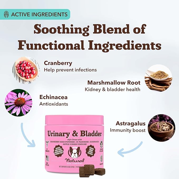 Natural Dog Company Urinary & Bladder Supplement for Dogs – Cranberry & D-Mannose Soft Chews with Marshmallow Root & Astragalus – Supports Urinary Tract Health, Bladder Function & Normal Urine Flow