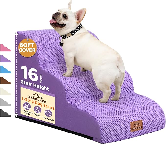 Dog Ramp and Stair for Bed 16" H-20 H,3-Step Cat Stair for Sofa and Chair,4-Step Dog Ramp for High Bed and Window,Durable Nonslip Fabric Stair for Indoor (Purple-16 H, Pet Friendly, 3)