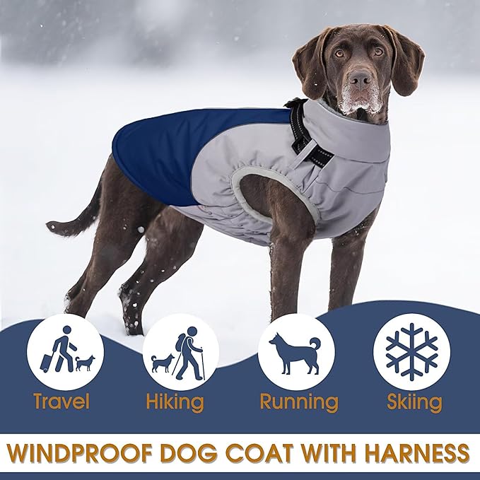Small Dog Coat with Harness Built in,Warm Dog Jacket Water-Repellent Pet Winter Coats Snowsuit for Cold Weather,Warm Dogs Fleece Jacket with Zip,Reflective Winter Coat,Blue,S