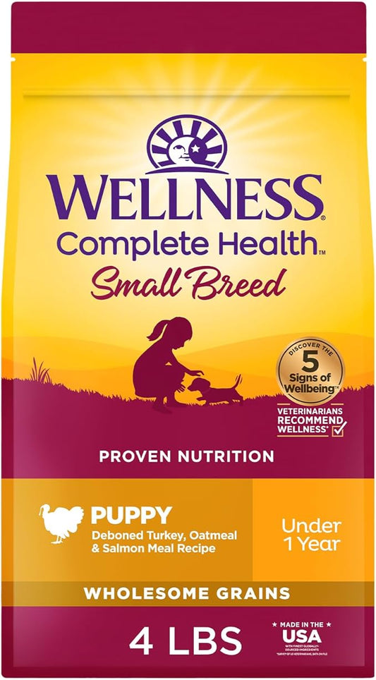 Wellness Complete Health Small Breed Dry Dog Food with Grains, Natural Ingredients, Made in USA with Real Turkey, For Dogs Up to 25 lbs. (Puppy, Turkey, Salmon & Oatmeal, 4-Pound Bag)