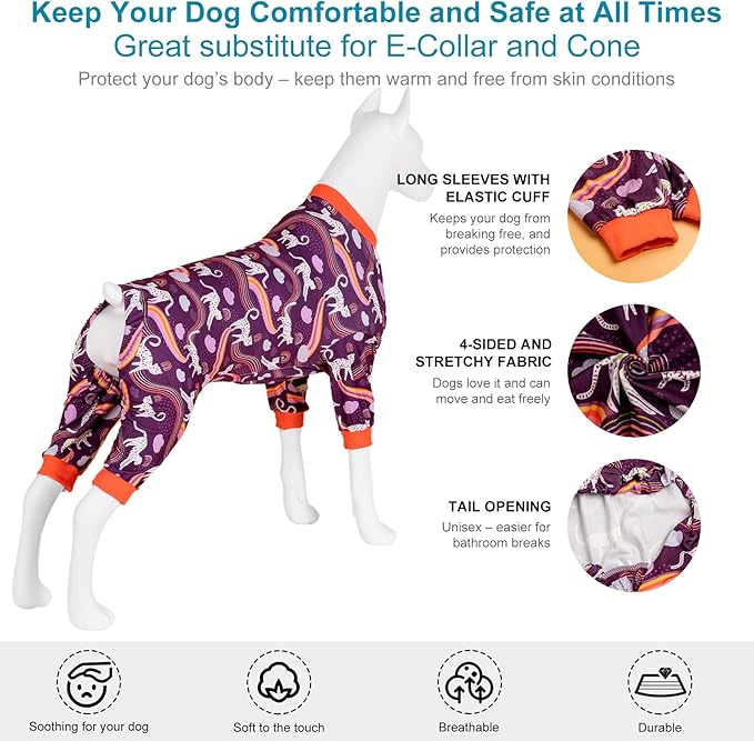 LovinPet Recovery Bodysuit for Medium Large Dogs, Anxiety Calming Pajamas, Lightweight Comfy Fabric, Rainbow Print, Large PJs, 4-Legged Pullover Onesie for Boy Or Girl, 2XL