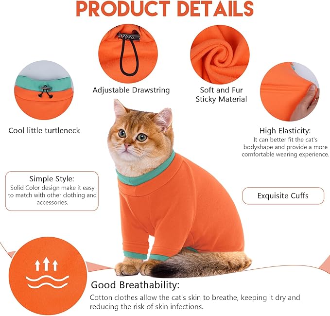 Sticky Cat Clothes Stretchy, Sphynx Hairless Sweater & Pajamas for Cats only, Soft Cat Onesie for Cats After Surgery Female Male & Hair Loss Prevention, Orange S