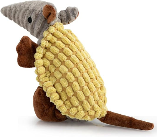 Hollypet Plush Dog Squeaky Toy Stuffed Armadillo Animal Pet Puppy Chew Toys with Clean Teeth for Small Medium Large All Breed Sizes Dogs, Yellow, 8 in
