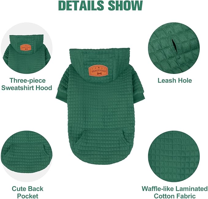 BEAUTYZOO Small Dog Hoodie Sweater with Pockets, Dog Clothes for Small Medium Dogs Boy Girl, Waffle-Like Laminated Cotton Pet Coats with Hat and Leash Hole, Green XL