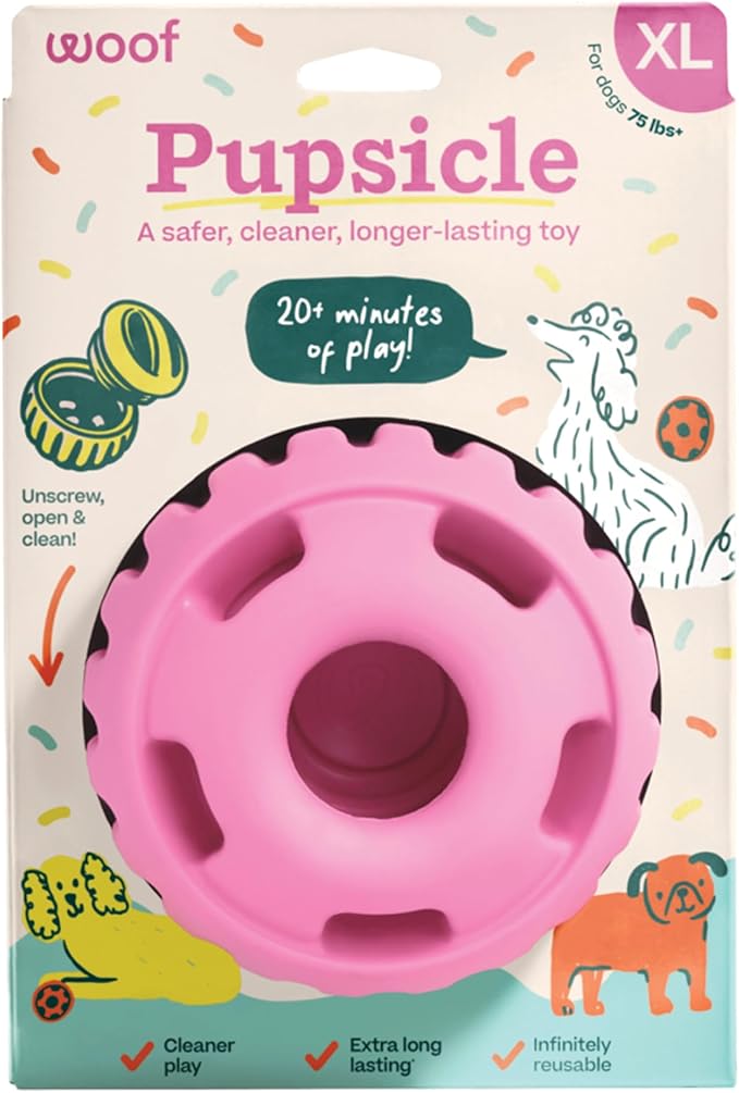 WOOF Party Pupsicle - Long-Lasting Interactive Dog Toys for Boredom - Low-Mess Design - Birthday Gifts for Dogs - XL Dog Toys - Party Pink