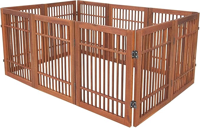Urnporium Pet Dog Gate Strong and Durable Freestanding Folding Acacia Hardwood Portable Wooden Fence Indoors or Outdoors Foldable pet Barrier for The House (Brown Pet Gate, 10 Panel 24" Tall)
