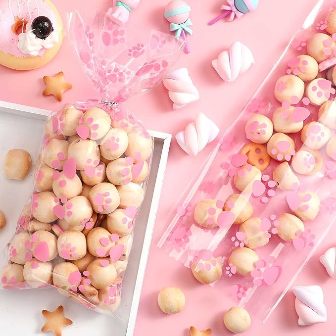 Blulu 100 Pieces Dog Treat Bags Puppy Party Favor Pet Paw Cone Cellophane Bags Candy Heat SealableDog Paw Gift with 100 Pieces Silver Twist Ties for Pet Cat Treat Party Favor(Pink)