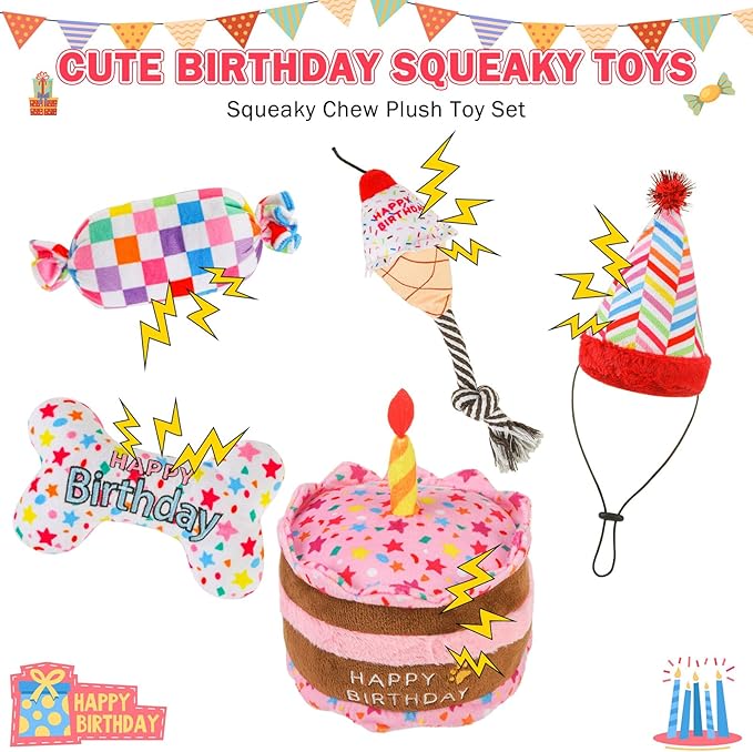 SCENEREAL Dog Birthday Squeaky Toy Set, 5 Pcs Stuffed Plush Pet Toys Birthday Gift for Dogs Boys and Girls Birthday Party, Cute Durable Interactive Puppy Teething Chew Toys for Small Medium Dogs