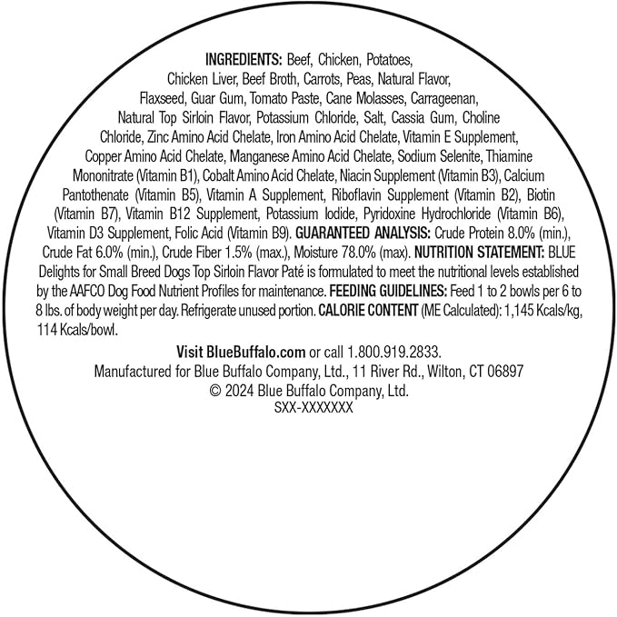 Blue Buffalo Delights Natural Adult Small Breed Wet Dog Food Cups, Pate Style, Top Sirloin Flavor in Savory Juice 3.5-oz (Pack of 12)