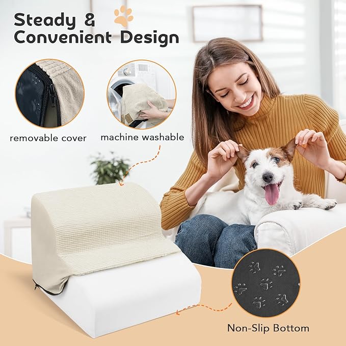 Mestuel Dog Stairs for Small Dogs Cats, Small Pet Stairs Steps, Foam 2-Tier Pet Stairs Steps for Couch Sofa, Dog Ramp Ladder Indoor with Nonslip Bottom &Washable Cover, Beige