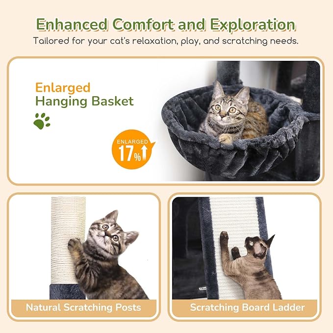 Globlazer Cat Tower for Multiple Indoor Cats, 52 inch Heavy Duty Cat Tree with 3 Condos, Plush Cat Condo with Scratching Posts and Pad for Adult Cats Kitten, Padded Perch, Basket Bed, F52B, Dark Grey