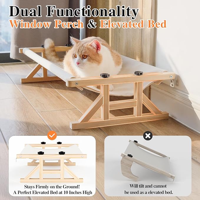 Tresbro 2-IN-1 Cat Window Perch & Elevated Cat Hammock, 26''L × 15.7''W × 10.2"H Wooden Frame Pet Bed for Large Indoor Cats, Easy Setup, Adjustable, No Drilling, Cats Seat for Window, Bedside, Ground