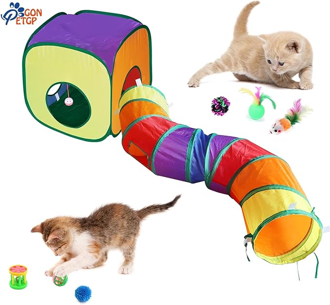 Cat Toys for Indoor Cats, Kitten Toys Set, Collapsible Pet Tunnel Cube Tent Toys, Interactive Cat Feather Teaser Wand Cat Bell Balls Fuzzy Ball Springs Mouse Toys (Rainbow)