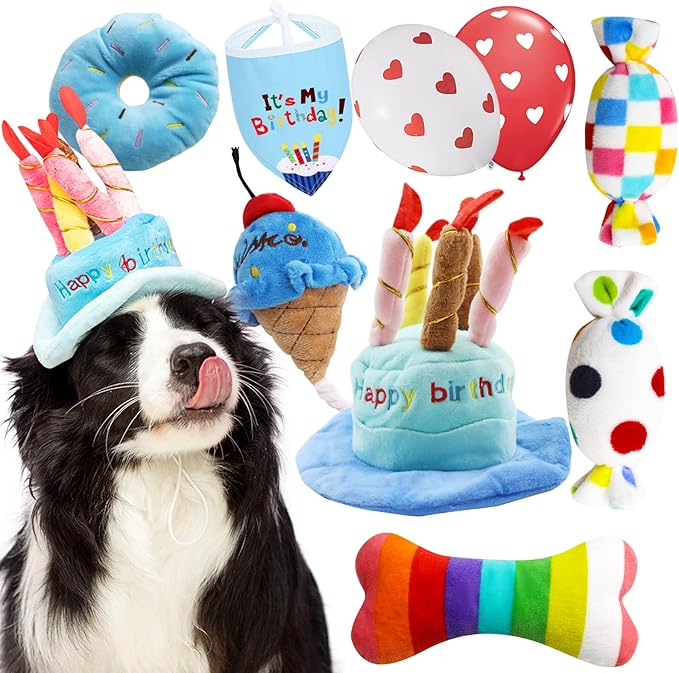 Dog Birthday Toy Set, 9Pcs Plush Pet Toy for Small Dogs, Includes Squeaky Cake Hat, Bandana, Dessert Themed Toys, Balloons, for Dog Birthday Party