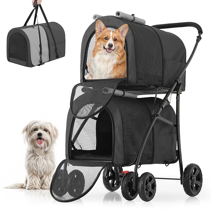 MoNiBloom Double Dog Stroller with Detachable Carrier Bags Large 4 Wheels Foldable Jogger for Small and Medium Dog Cats, Black/Gray