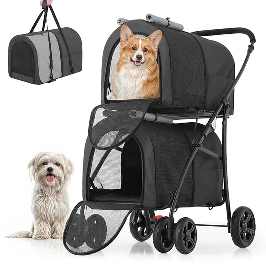 MoNiBloom Double Dog Stroller with Detachable Carrier Bags Large 4 Wheels Foldable Jogger for Small and Medium Dog Cats, Black/Gray