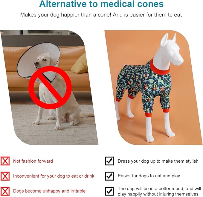 LovinPet Dog Clothing for Large Dogs Boy, Lightweight Stretchy Fabric, Dark Green Dinosaur Print, Sun Protection, Pet Anxiety Relief Shirt, Easy Wearing Dog Onesie, Dog Costume for Parties,XL