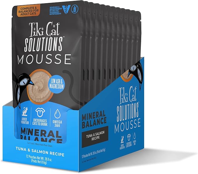 Tiki Cat Solutions Mineral Balance Mousse, Supports Urinary Health, Tuna & Salmon Recipe, 2.4 oz. Pouch (12 Pack)