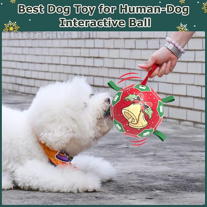 QDAN Christmas Dog Soccer Balls with Straps, Interactive Toys for Tug of War, Puppy Birthday Gifts, Durable Balls for Medium Large Dogs (8 Inch)