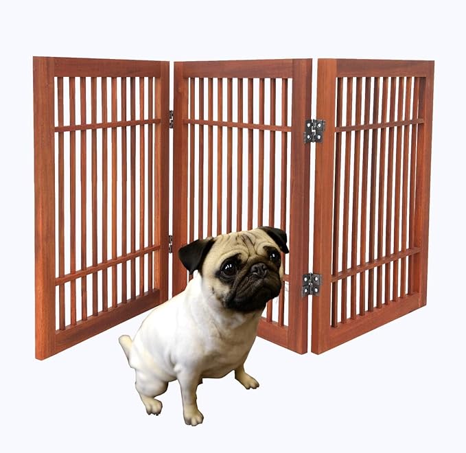 Pet Dog Gate Strong and Durable Freestanding Folding Acacia Hardwood Portable Wooden Fence Indoors or Outdoors by Urnporium (Brown Pet Gate, 3 Panel 24" Tall)