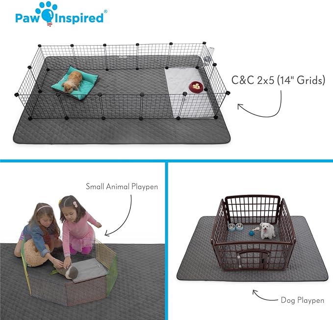 Paw Inspired 80x50 Inch Playpen Mat, Super Absorbent Fleece Cage Liner with Non-Slip Bottom, Waterproof Pet Play Pen Pad for Dogs, Rabbits, Guinea Pigs, Hamsters, Small Animals (Dark Gray)