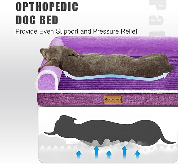 Patas Lague Orthopedic XL Dog Bed Large Sized Dog 42''X28'', Waterproof Comfortable L Bolster Big Large Non-Slip Soft Warm Pet Crate Bed Sleep Sofa mat with Removable Washable Cover, Purple