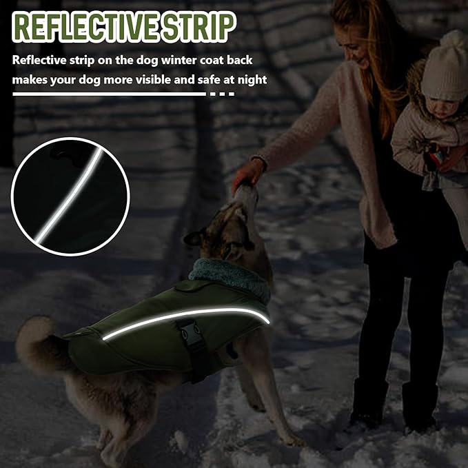 DENTRUN Large Dog Coat - Thick Fleece Lined Reflective Winter Jacket, Snap Closure & Leash Hole, Warm Thick Fleece Lined, Plush Turtleneck Vest for German Shepherd, Army Green, XXL