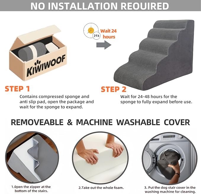 5 Step Pet Stairs Ramp for High Beds Sofas 23-30 Inch with Sturdy Non Slip Waterproof Pads, Machine Washable Cover Indoor Balanced Design for Cats Dogs Small Medium Large XL Pets Pink, Large