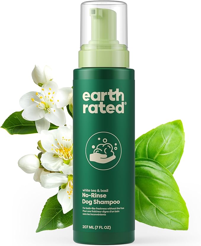 Earth Rated Waterless Dog Shampoo & Conditioner, Convenient No-Rinse Wash for Cleaning, Conditioning & Detangling, for All Coat Types, Refreshing White Tea and Basil Scent, 7 oz