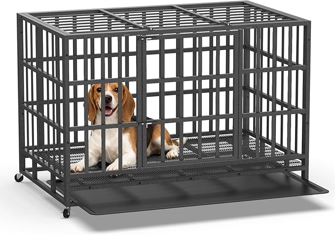 Heavy Duty Indestructible Dog Crate 42 Inch with Removable Tray, Sizes & Colors Optional, Escape Proof Double Door High Anxiety Cage Indoor, Kennel with Wheels for Large Dogs, XL XXL XXL