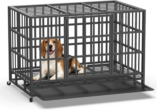Heavy Duty Indestructible Dog Crate 42 Inch with Removable Tray, Sizes & Colors Optional, Escape Proof Double Door High Anxiety Cage Indoor, Kennel with Wheels for Large Dogs, XL XXL XXL