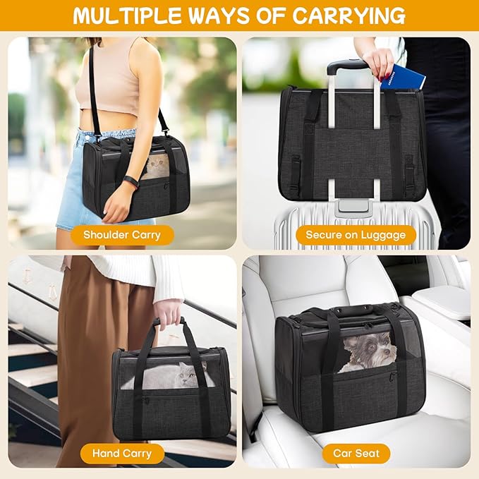 Cat Carrier Soft-Sided for Large Cats, Dog Carriers for Small Dogs, Airline Approved Pet Travel Carrier for Cats Puppies up to 16Lbs with Safety Zippers Foldable Bowl, 18x12.5x14.2, Black