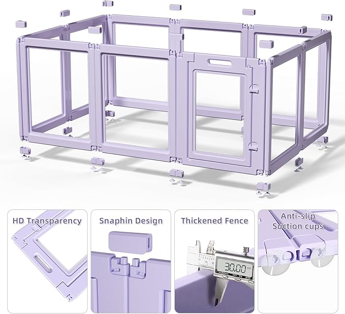 DIY Clear Acrylic Dog Playpen House,Quick Easy Assembly and Disassembly,Strong Floor Suction,Indoor and Outdoor Use,Easy Cleansing Puppy Fence (Purple, 23.6" H, 8PCS)