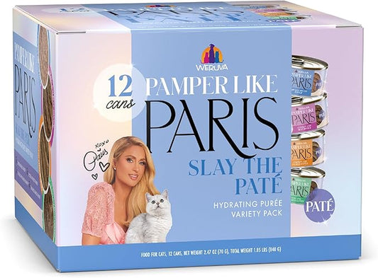 Weruva Paris Hilton Pamper Like Paris Natural Grain Free Wet Cat Food, Slay The Paté Variety Pack, 2.47oz Can (Pack of 12)