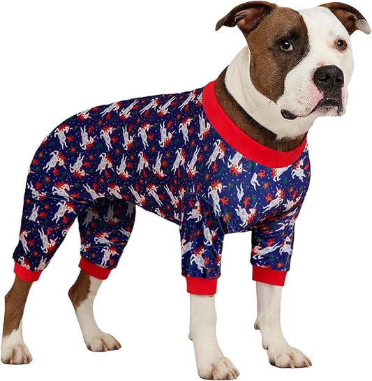 LovinPet Recovery Bodysuit for Large Dogs, Wound Care Cotton Pullover Pajamas, Cozy Stretchy Fabric, Navy Unicorns Print, Large Dog PJs, Surgery Recovery Suit, Pitbull Party Clothes, 3XL